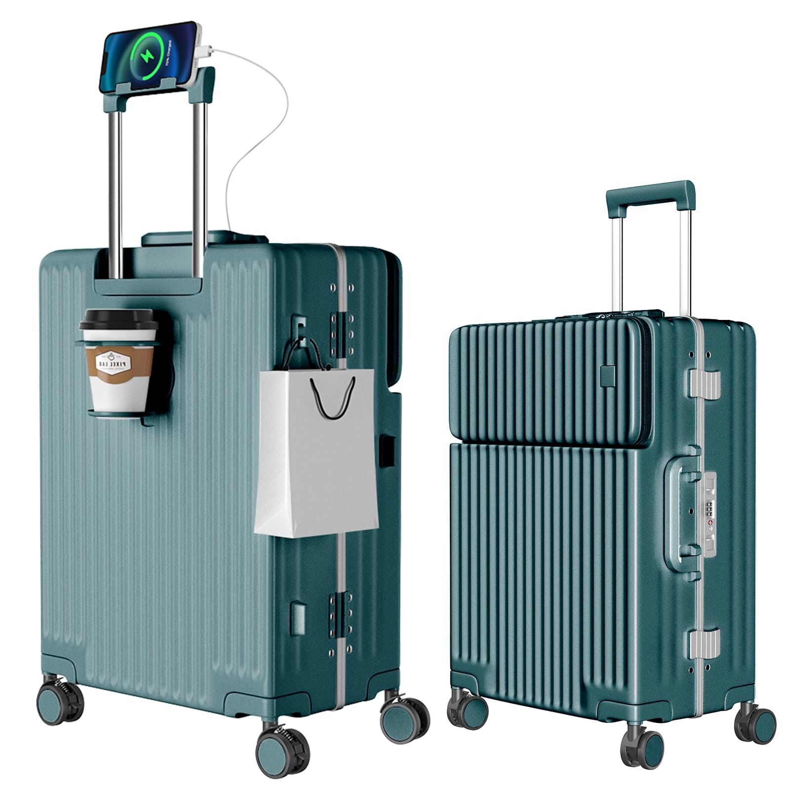 [Ashard] スーツケース 多機能フロントオープン キャリーケース ストッパー付き 機内持ち込み キャリーバッグ 携帯スタンド USBポート付き カップホルダー付き 隠しフック機能 超軽量 耐衝撃
