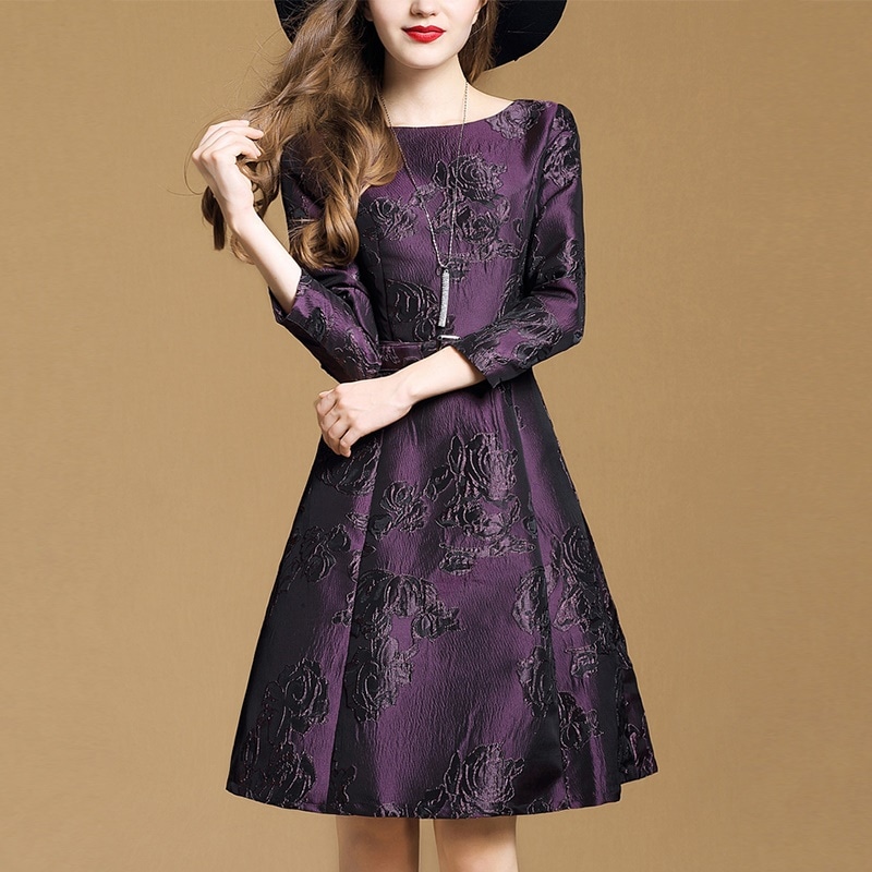 1234．花柄ボートネックAラインドレス（パープル）