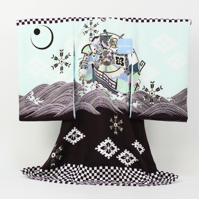 レンタル お宮参り 男の子 着物 レンタル pom ponette ポンポネット 絵羽柄 祝着 1歳 男の子 薄黄緑地に宝船と波その他