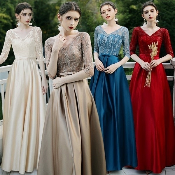 ロングドレスパーティー他と被らないグレー演奏会用ドレス演奏会袖付き大量注文にも対応しています