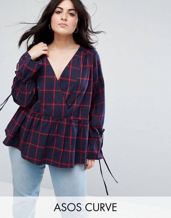 ASOS エイソス レディース 大きめサイズ ゆったりサイズ 送料無料 Multi CURVE Oversized Wrap Blouse With Dip Hem In Grid Checks
