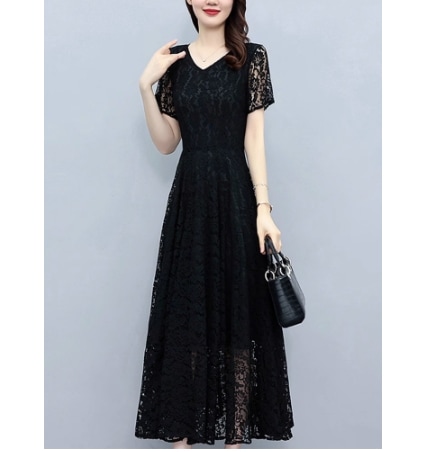 ワンピース ロング ロング丈 袖あり 半袖 Vネック Aライン レース 刺繍 透け感 快適 着心地 大人可愛い きれいめ 大人 上品 おしゃれ お洒落 かっこいい レトロ 大人女子 こなれ感 ラブリー