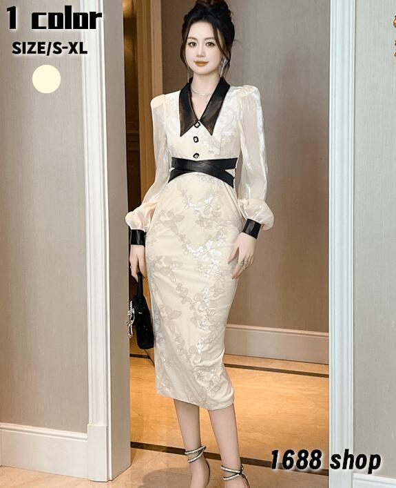 再入荷品2025 タイトワンピース 姫系ワンピース　シンプル　ワンピース インポート ひざ丈 ミドル丈 エレガント　韓国ファッション シンプル Vネック パーティドレス 長袖　お嬢様 セクシー ミニワ