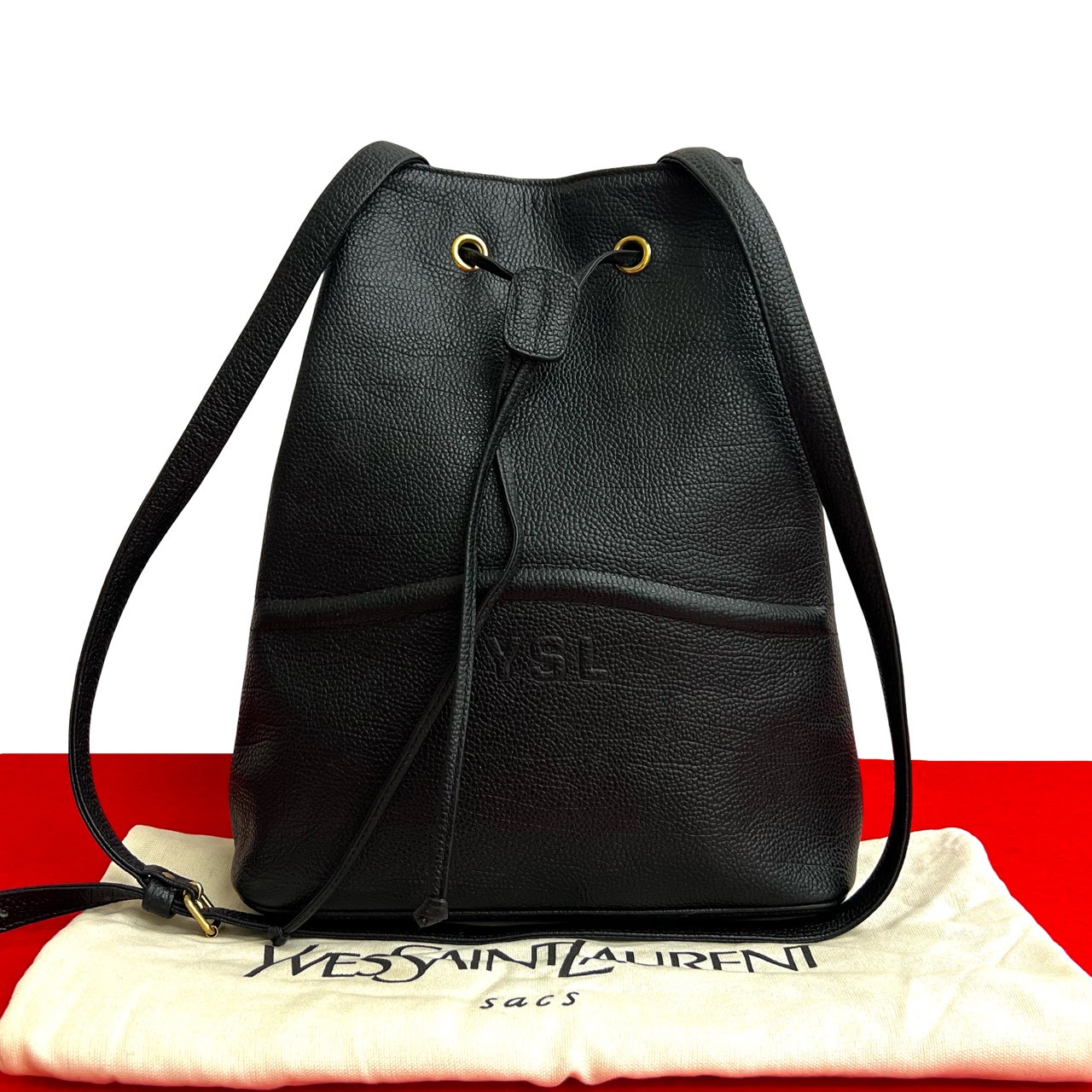 ヴィンテージ YSL ロゴ エンボスショルダーバッグ レザー ブラック 145-2