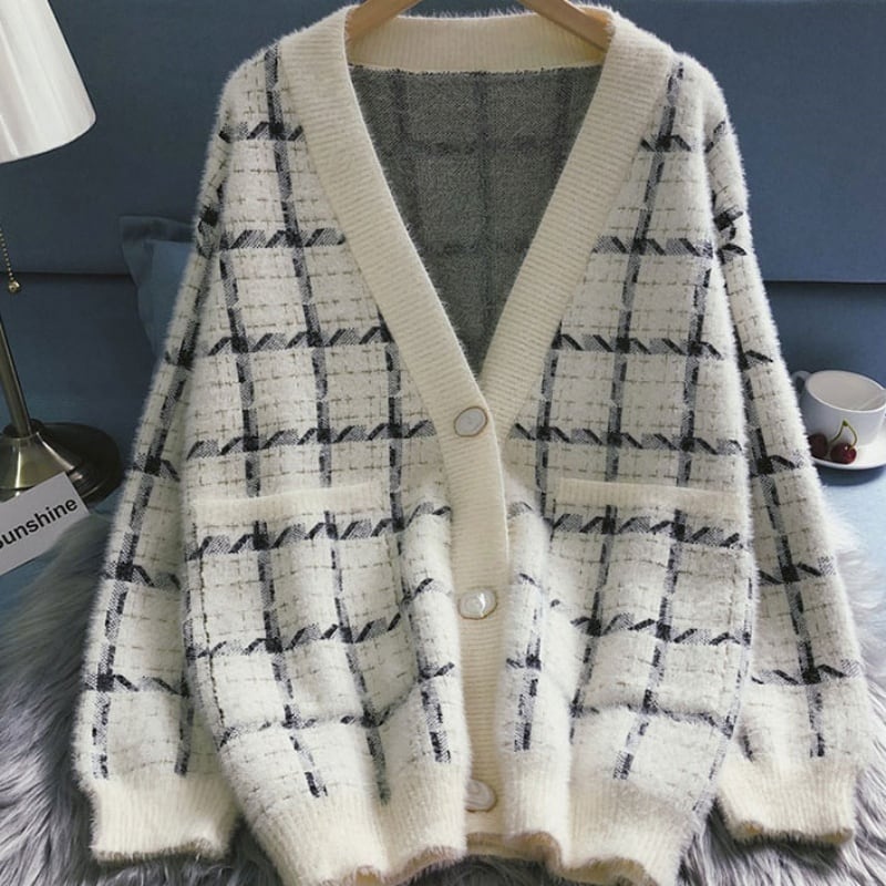 2color レディース カーディガン アウター 羽織り Vネック ボタン 格子柄