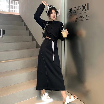 セット トップス スカート ブルゾン ジャージ ロングスカート 袖あり 長袖 デザイン 美ライン ストリート ウエストマーク ファスナー 前開き 伸縮性 ドローコード 2点セット ツーピース お得