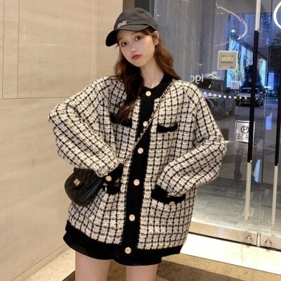 アウター カーディガン 袖あり 長袖 ドロップショルダー デザイン ボタン オーバーサイズ ビッグシルエット 美ライン 前開き 伸縮性 ニット ツイード かわいい 大人可愛い きれいめ シンプル