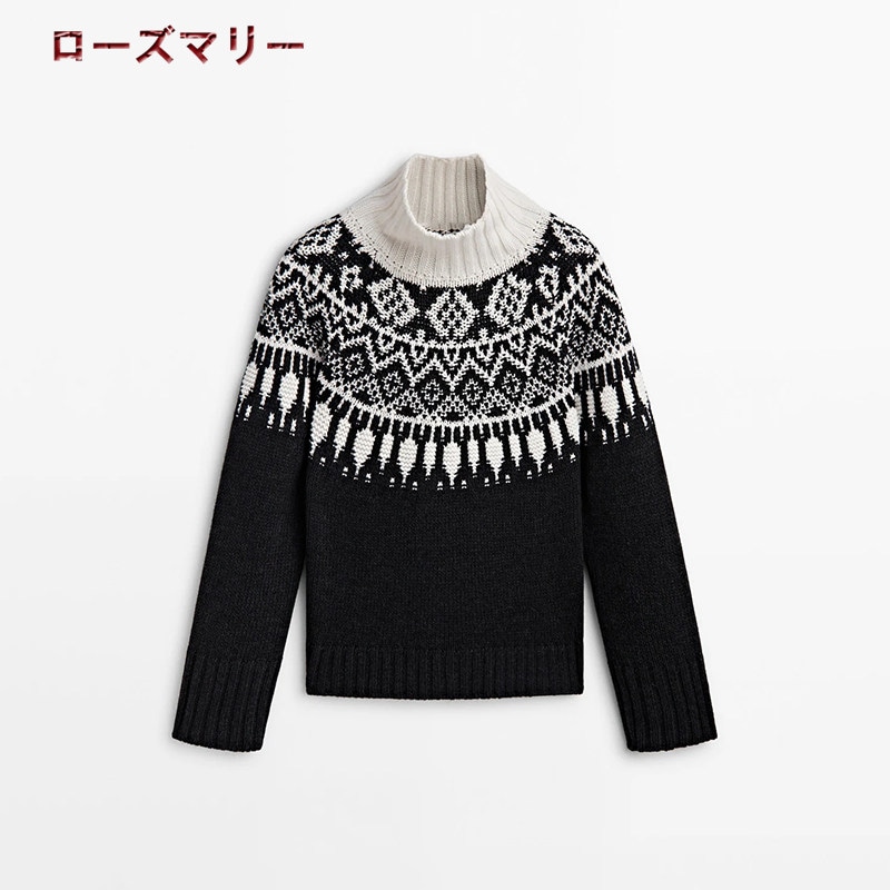 欧米風2024.01.10 春 新作 ジャカードのタートルネックニットセーター ハイネックセーター メリヤス 2401090