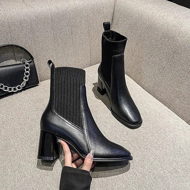秋冬 新作 弾力ショットブーツ 個性パッチワーク気質ショットブーツ ハイヒールブーツ 太ヒール マーディンブーツ チェルシーブーツ