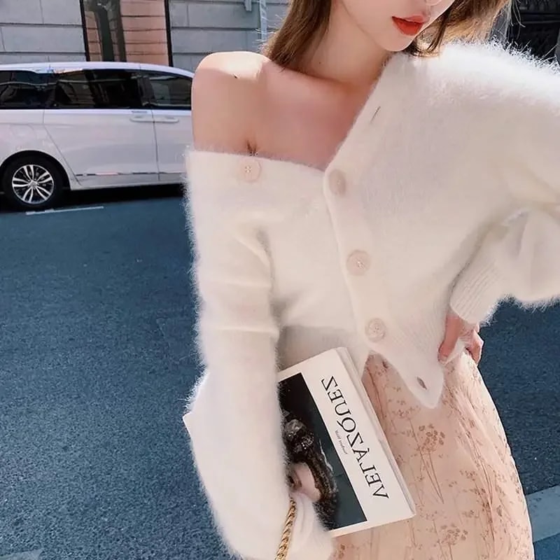 Zhuanqing-女性用カーディガンクロップトップシングルブレストセーター優しいモヘアシンプルなスリムニットVネック秋冬新しい2023 - 200000345