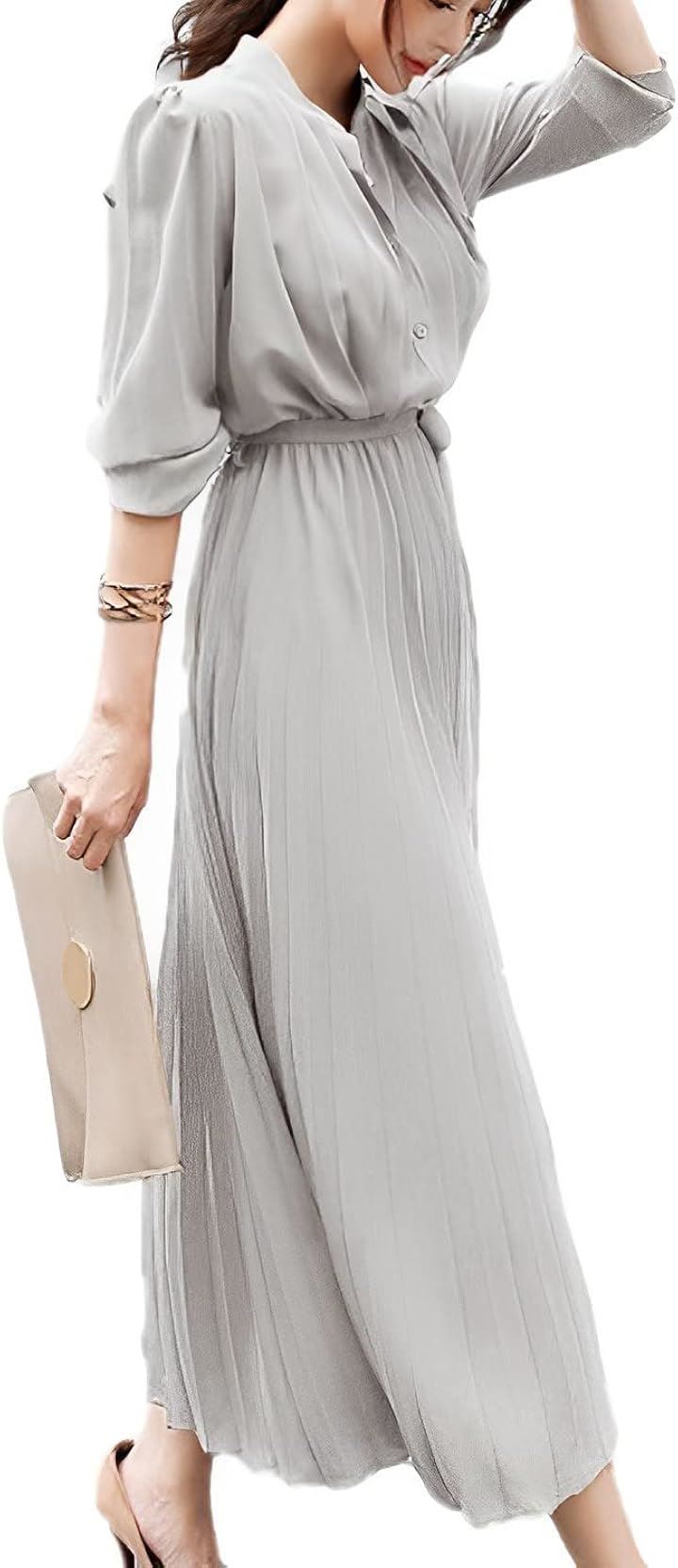 上品 プリーツ ロング ワンピース レディース 長袖 きれいめ ハイウエスト ドレス ロングワンピ フォーマル セミフォーマル リボン ロング丈 大きいサイズ(グレー, 3L)