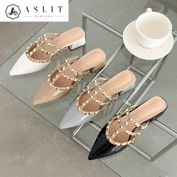 天然皮革 ローヒール スタッド スタッド ミュール 職場スリッパ 4cm ミュールスリッパヒール