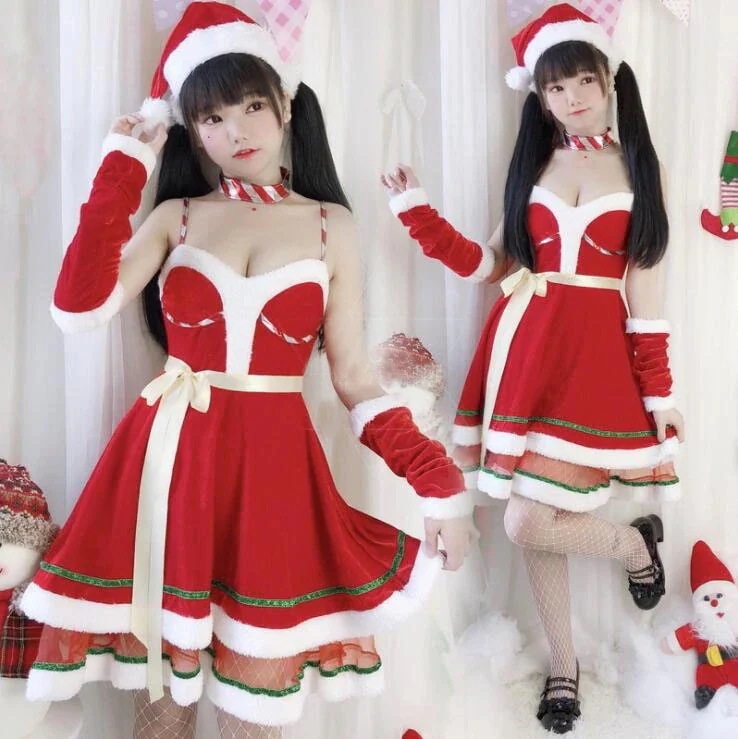 サンタコス コスチューム レデ今週の割引は 25% オフですィース クリスマス衣装 サンタクロース セクシー 膝丈 ワンピース フレア シースルチュール リボン 袖カバー 帽子 首飾り 5点セット 可