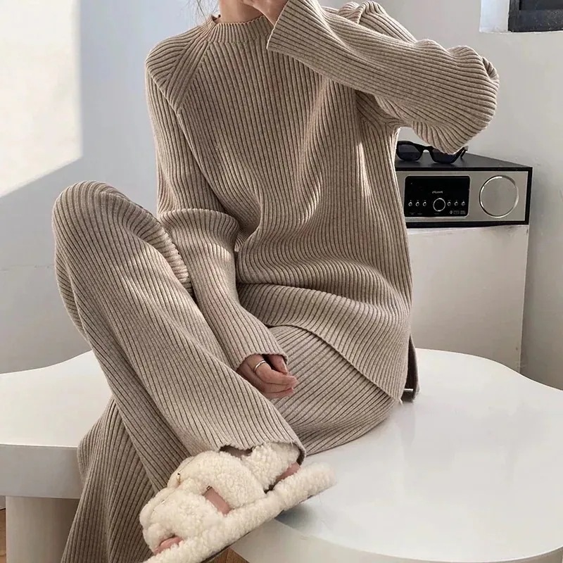 【短納期】ゆったり スリット入り ワイドパンツ ニットパンツ セーター ラウンドネック レディース 秋冬 上下セット ニットセットアップ