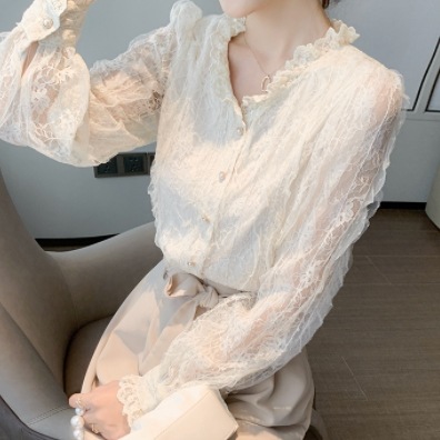 トップス 白トップス 長袖 レース 刺繍 前開き かわいい 大人可愛い きれいめ 大人 上品