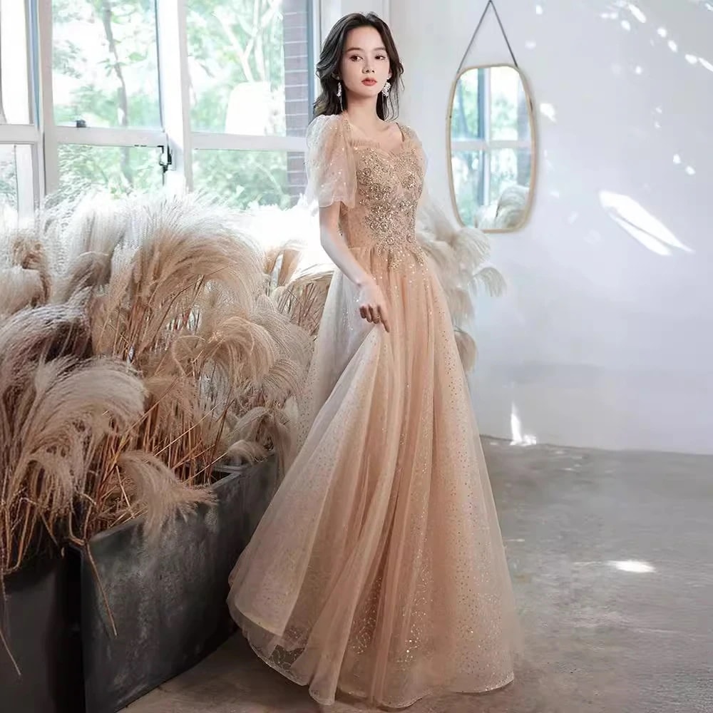 【送料無料】シャンパンイブニングドレス ンピース ロング 入学式 宴会 結婚式 ドレス パーティードレス お呼ばれ 披露宴