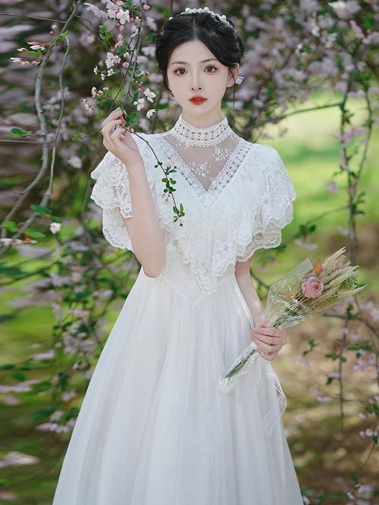 レトロな優しいスカート気質スーパー妖精プリンセスホワイトドレス夏レースメッシュロングスカート