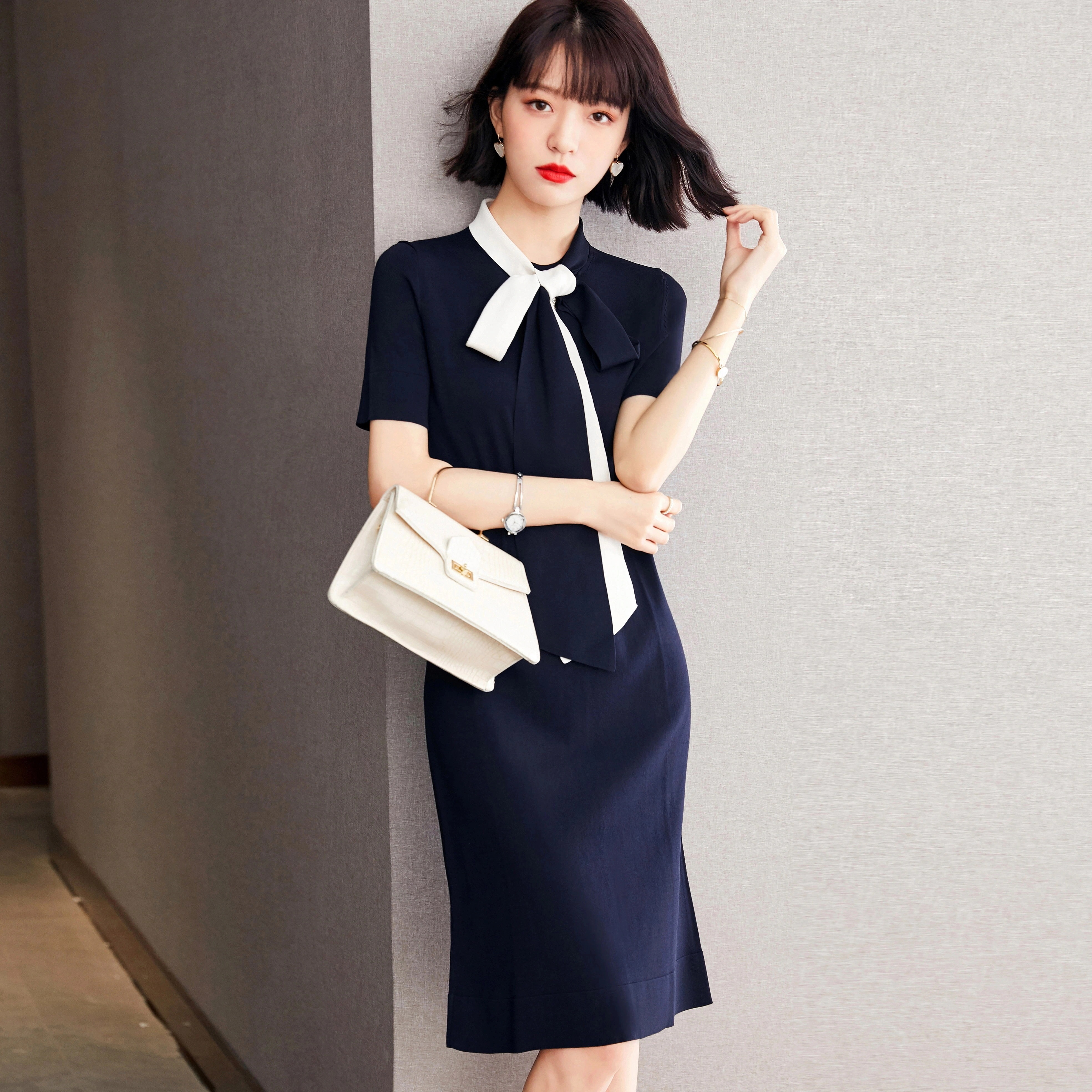 膝丈ワンピース 春夏 半袖ワンピース ボートネック Aラインスカートオシャレ韓風