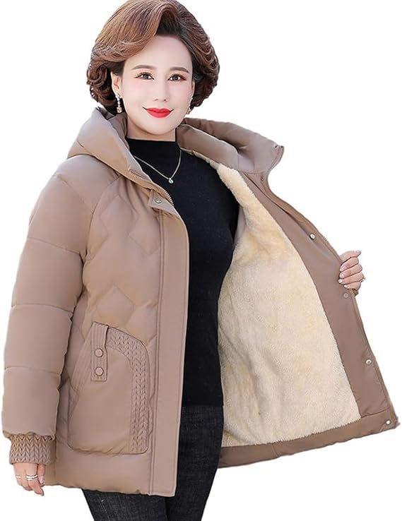 ダウンジャケット ダウンコート ニット 裏起毛 モコモコ フード付き 長袖 上着 綿服 女性 婦人服 シニアアウター 秋 冬 防寒 中綿コート お年寄り 中高年 60代 70代 80代 母の日 敬老の