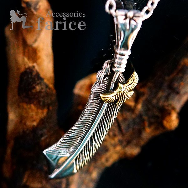 イーグルフェザーモチーフ ゴールドカラーイーグル(鷲)&サン(太陽)装飾 両面羽模様彫りスライダーデザイン メンズ インディアンジュエリー シルバー925 ペンダント ネックレス