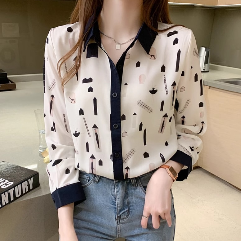 レディース トップス シャツ 長袖 袖あり 襟付き 角襟 シフォン 前開き ボタン かわいい 大人可愛い きれいめ 上品 おしゃれ レトロ 主役級 存在感 フォーマル 都会的 柄 春 秋 20代