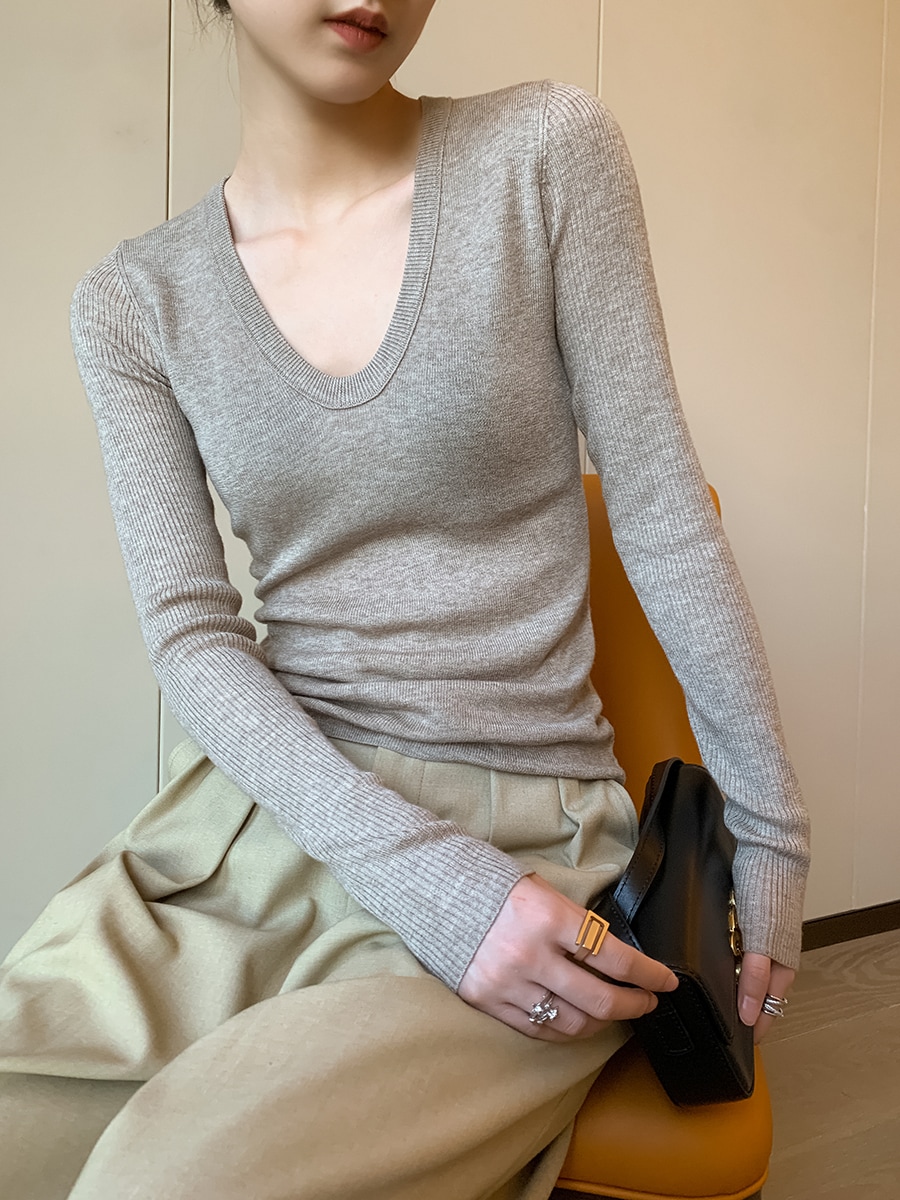 レディース トップス カットソー 長袖 Uネック かわいい 大人可愛い きれいめ シンプル カジュアル おしゃれ レトロ アジアン エスニック ラフ ガーリー エレガント 無地 春 秋 冬 学生