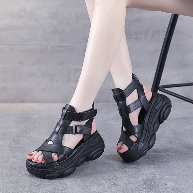 1000円OFFクーポン サンダル レディース 厚底サンダル カジュアル 本革 袴用 通学 通勤 歩きやすい 通気性 エスニック サマーブーツ オープントゥ ウェッジヒール ブーツサンダル コンフォー