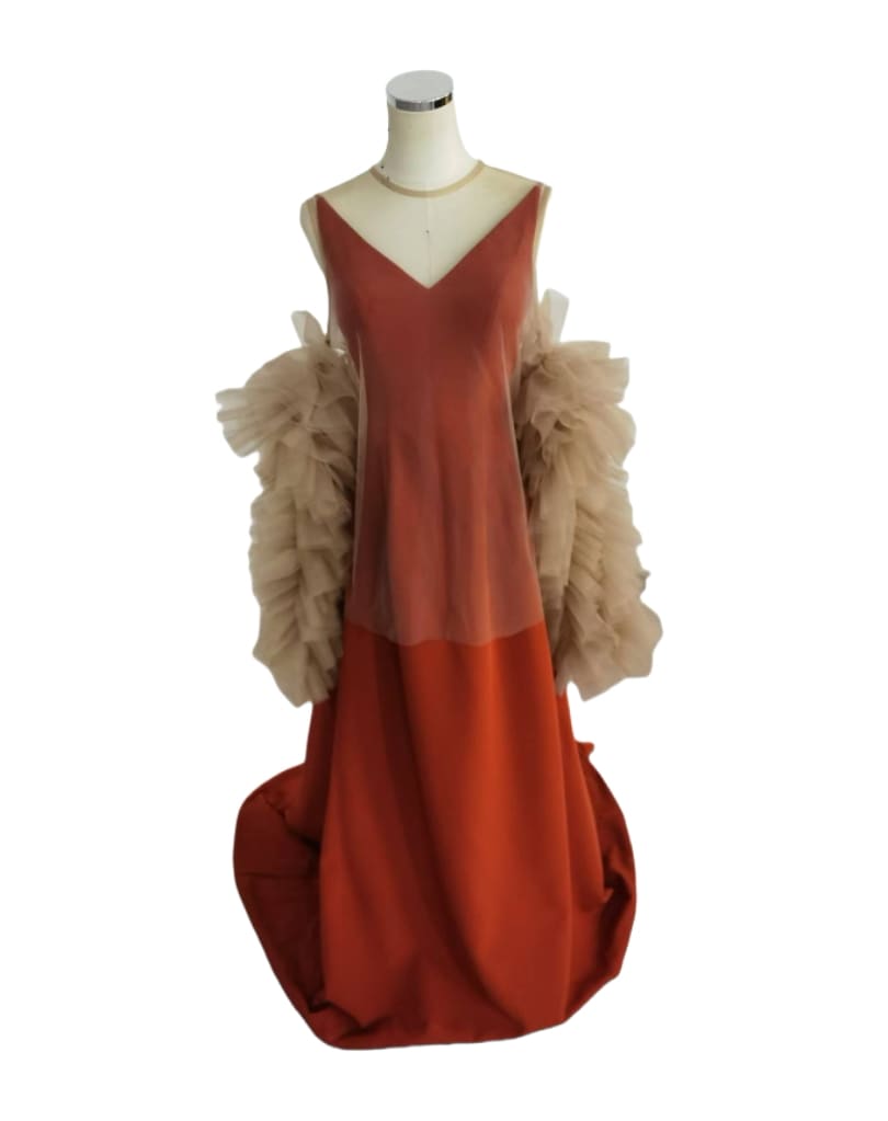 大好評中！トップス+テラコッタドレス コーヒーの色 ソフトチュール ラッフルフリル 花嫁