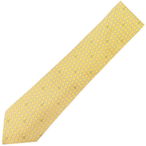 エルメス HERMES ネクタイ 記号柄 9cm シルク イエロー×ホワイト 黄色 総柄 大 ヒトデ 【中古】