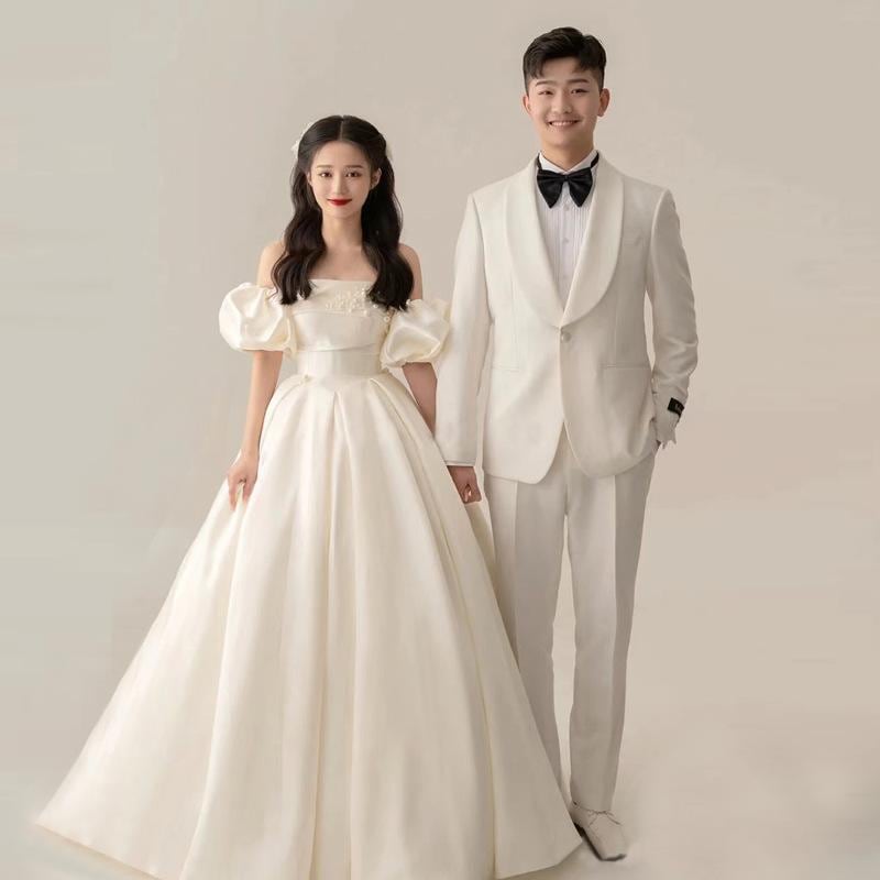 ウェディングドレス ウエディングドレス ロングドレス 二次会 結婚式 前撮り ブライダル 花嫁 オフショルダー パフスリーブ Aラインドレス 可愛い