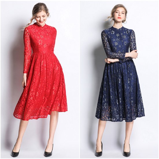 【取寄：納期2週間】結婚式ドレス 大きいサイズ XL 2XL 長袖 花柄 Aラインスカート ミドル丈 お呼ばれ きれいめ 総レース ワンピースドレス セレモニー エレガント カジュアル 体型カバー