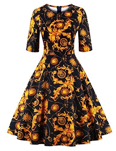 sb MuchXi 人気ブラドン 1950s 3 4 Sleeves Retro Floral Vintage Evening Cocktail GoldS USA オープニング Dress