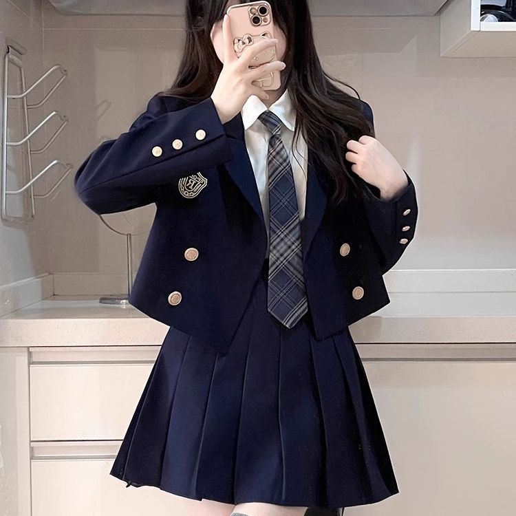 オリジナルjkブレザースーツ学院英倫風韓国風黒制服プリーツスカートダブルブレストショート丈ブレザー コスチューム