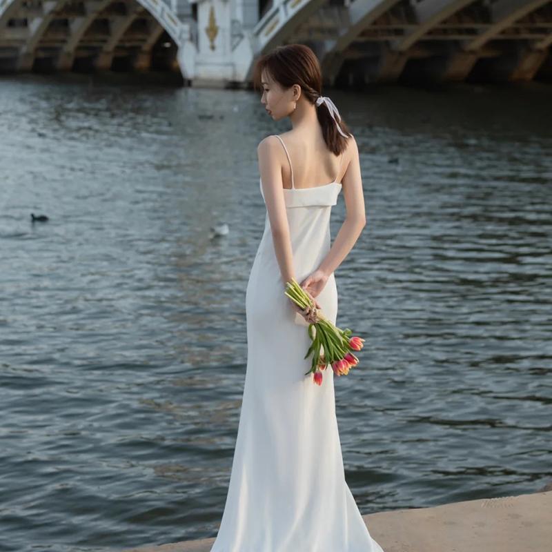 ウェディングドレス 二次会 結婚式 ブライダル ロングドレス サテン スレンダー キャミソール 前撮り 海外挙式 花嫁 リゾートウェディング 撮影 ウエディング