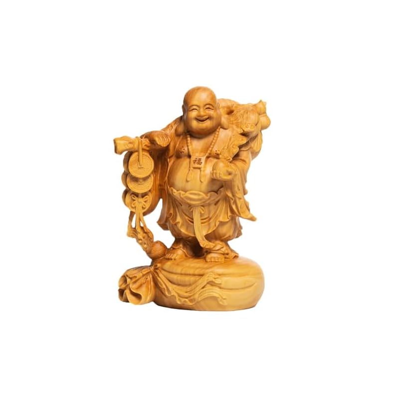 仏像 木彫り ミニ 七福神 置物 布袋 高級天然ツゲ木彫り 布袋様 風水 (高さ10cm)