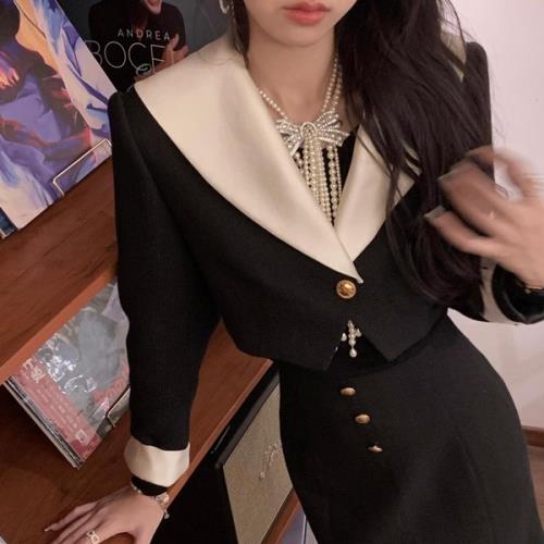 在庫僅少セットアップ 2点セット ツーピース ワンピース 無地 白襟 秋 冬 春 長袖 ミモレ丈 おしゃれ 可愛い ショートジャケット バイカラー モノトーン ロングスカート マーメイドスカート きれ