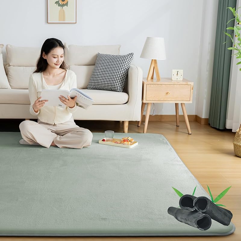 即納：Softime カーペット ラグ 極厚25mm ラグマット防音 厚手 竹炭消臭 185×185cm 約2畳 絨毯 滑り止め付 防ダニ 抗菌 防臭 地毯 高反発 オールシーズン快適 床暖房 ホット