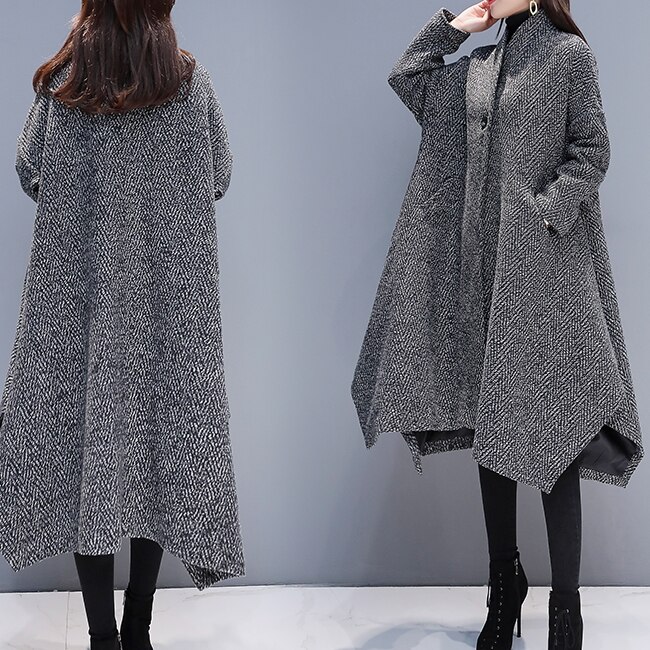 アウター コート レディース 秋冬 きれいめ 暖かい ロングコート 膝下 ミモレ 長袖 スタンドカラー BIGシルエット フレア Aライン ポケット 前開き 灰色 グレー サイズ L XL 大きいサイ