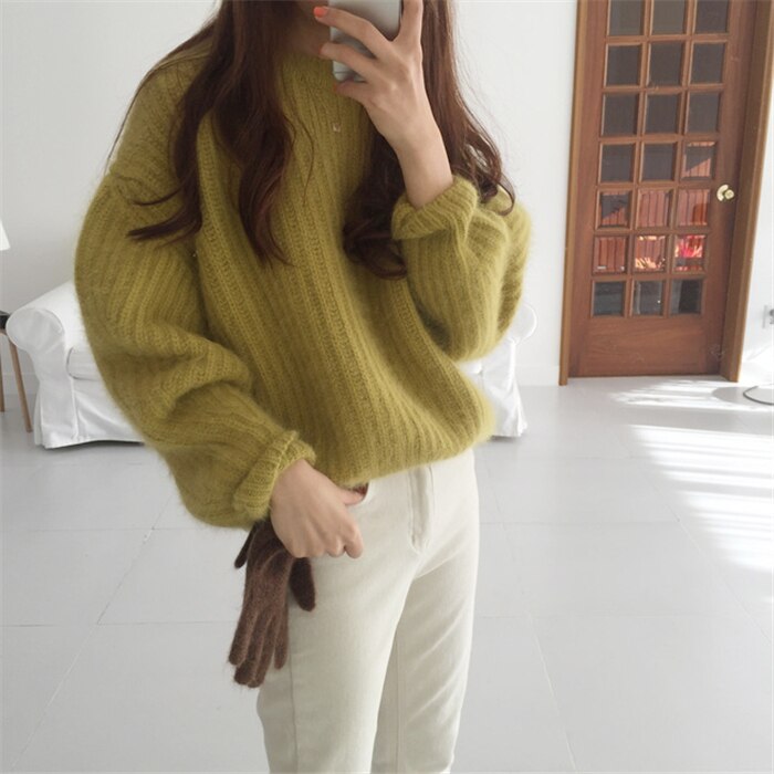 ４色 トップス セーター プルオーバー レディース 秋冬 カジュアル ゆったり 厚手 ゆったり 長袖 ボリューム袖 萌袖 Uネック ラウンドネック 襟なし フレア セミフレア もこもこ モコモコ ふわ