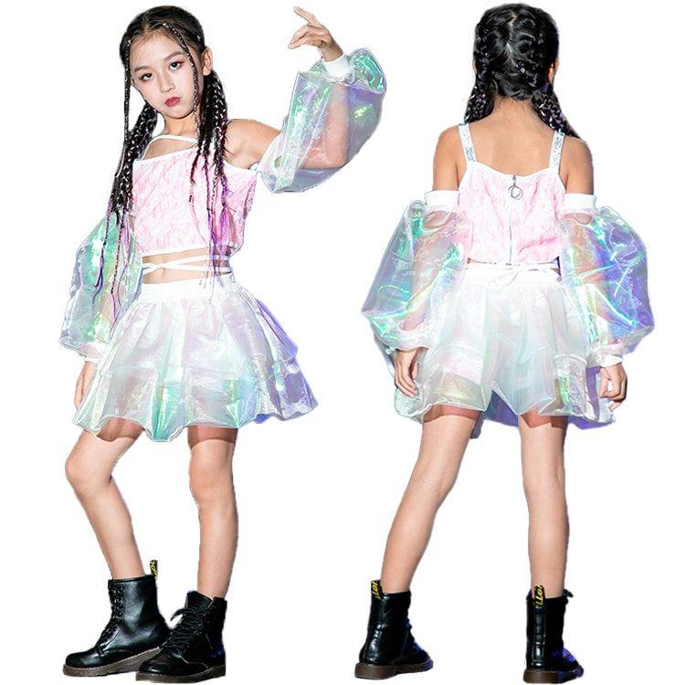 風格が独特可愛い チアダンス衣装 キッズ スパンコール 女の子 チアガール へそ出し 演奏会 舞台服 発表会 子供服 ジュニア ガールズ ヒップホップ ダンスウェア ジュニア