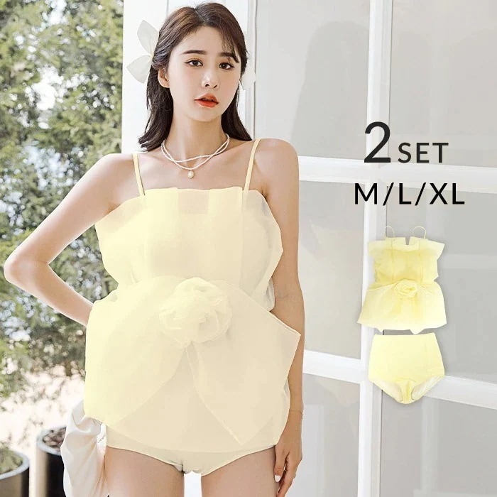 水着 レディース 体型カバー セパレート 上下セット ゴージャス 水着っぽくない水着 ファッション水着 フラワーモチーフ コサージュ ボリューミー スイムウェア レディース水着 M L XL 水着体型