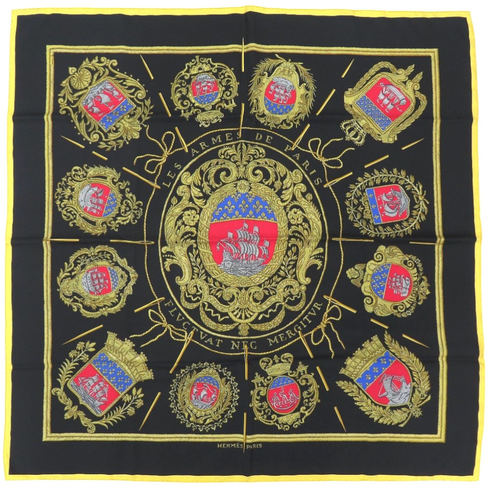 美品 カレ90 LES ARMES DE PARIS パリの紋章 スカーフ シルク ブラック 0397【中古】 レディース