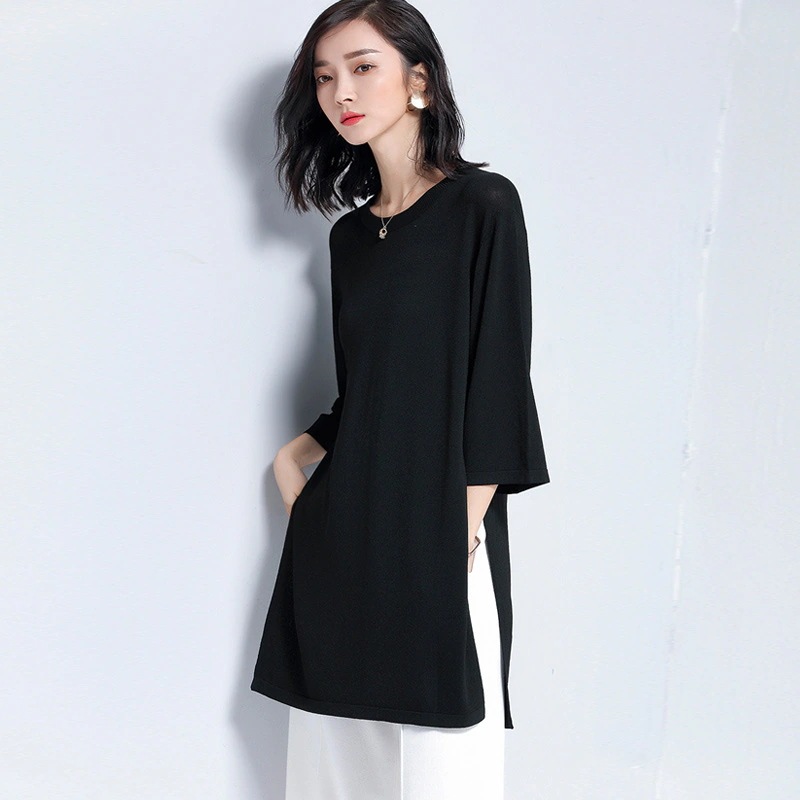 ゆるいTシャツカットソー女性夏の薄いタイプのオープン七分袖カバーロンT