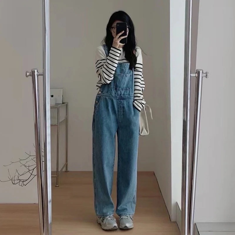 コーデ完成！サロペット 時短コーデ イチオシオールインワン 韓国ファッション デニムパンツ女性ハイウエスト薄い春2025新しいカジュアルファッションストレートパンツ
