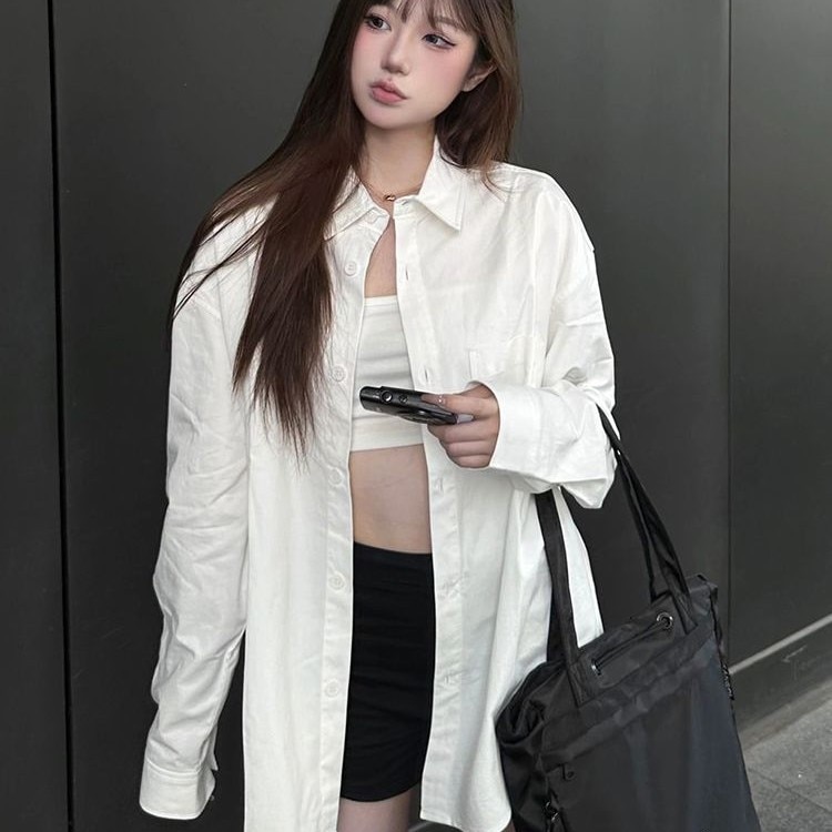 塩系 長袖 白 シャツ レディース インナー アウター ゆったり アメリカン インナー シャツ トップス レディース おしゃれ4