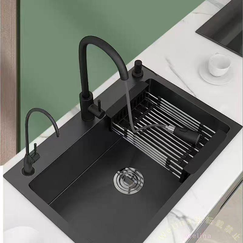 キッチンシンク シングルボウル 304ステンレス ドロップイン/アンダー Welina プルダウン蛇口付き ブラック バーシンクにも 耐久性
