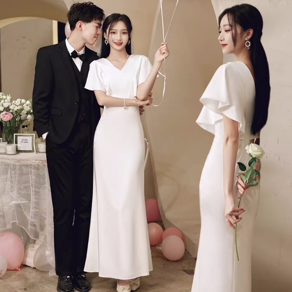 ウェディングドレス 白 エンパイアライン スレンダーロングドレス 白結婚式二次会披露宴前撮り後撮り ビーチフォト花嫁海外挙式大きいサイズ