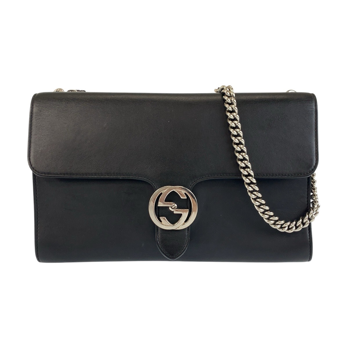 美品 インターロッキング ブラック 黒 シルバー金具 レザー 387604 チェーンショルダーバッグ ポシェット レディース 504206