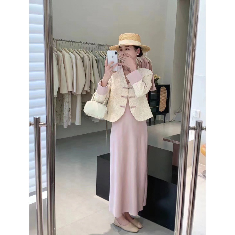 新しいチャイナスタイルの襟付きボタンアップジャケットとサスペンダードレスのツーピーススーツ 4,767円