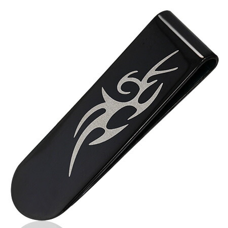 ブラックトライバルステンレスマネークリップ 黒色 タトゥー サージカルステンレス316L 丈夫 アクセサリー 財布 父の日 誕生日 男性 彼氏 お札 挟む 書類 おしゃれ stm00-00-0033